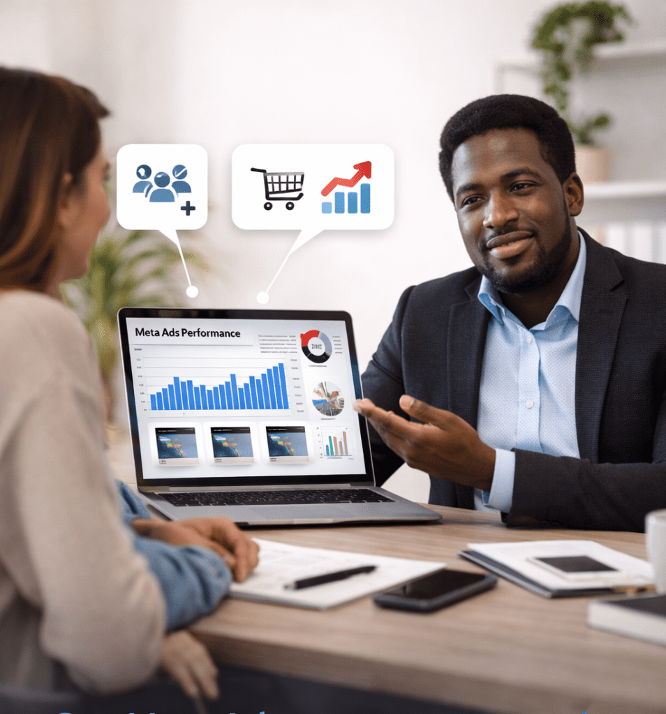 Meta Ads para captar clientes y aumentar ventas Consultor explicando cómo Meta Ads puede ayudar a captar clientes o vender más