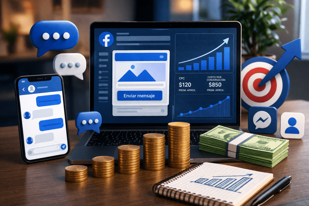 Precio de Facebook Ads para captar mensajes, leads o ventas 13 Imagen horizontal sobre campañas de mensajes en Facebook Ads con smartphone, burbuja de chat, monedas, laptop y gráficos de rendimiento