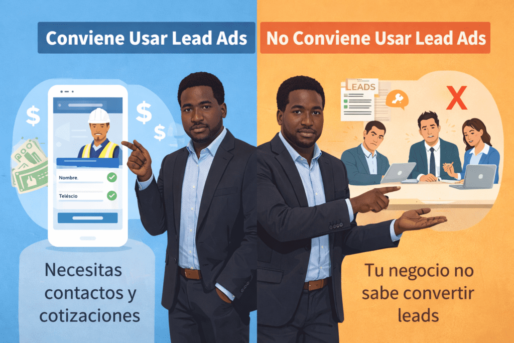 Lead Ads en Facebook: cómo captar clientes potenciales en Chile 2 Ilustración comparativa sobre cuándo conviene usar Lead Ads en Facebook y cuándo no para captar clientes potenciales