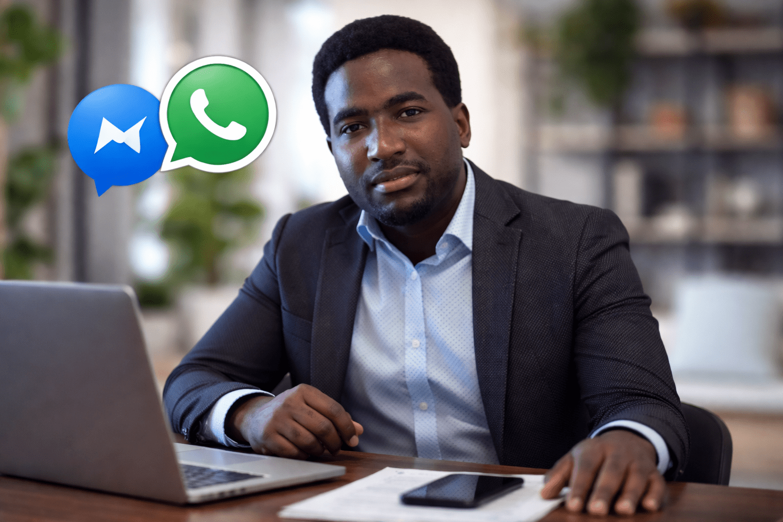 Facebook Ads para WhatsApp: cómo conseguir conversaciones con clientes 1 Stevenson Jacques en oficina moderna con laptop y elementos visuales de WhatsApp y Messenger, imagen horizontal para artículo sobre Facebook Ads para WhatsApp.