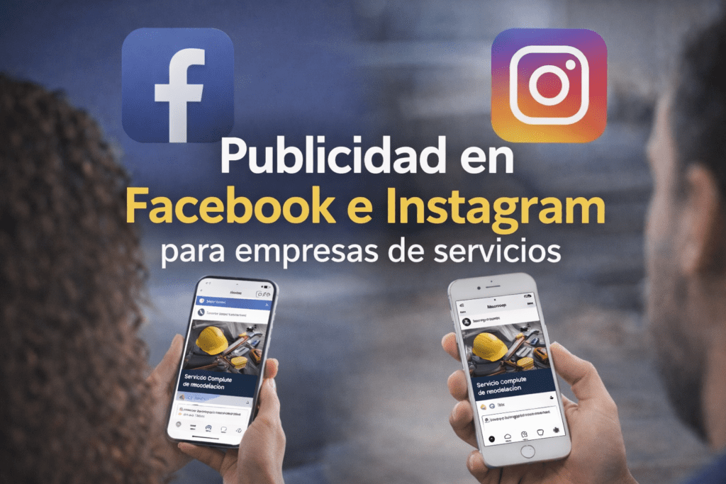 Publicidad en Facebook e Instagram para empresas de servicios 1 Publicidad en Facebook e Instagram para empresas de servicios mostrada en celulares con anuncios digitales